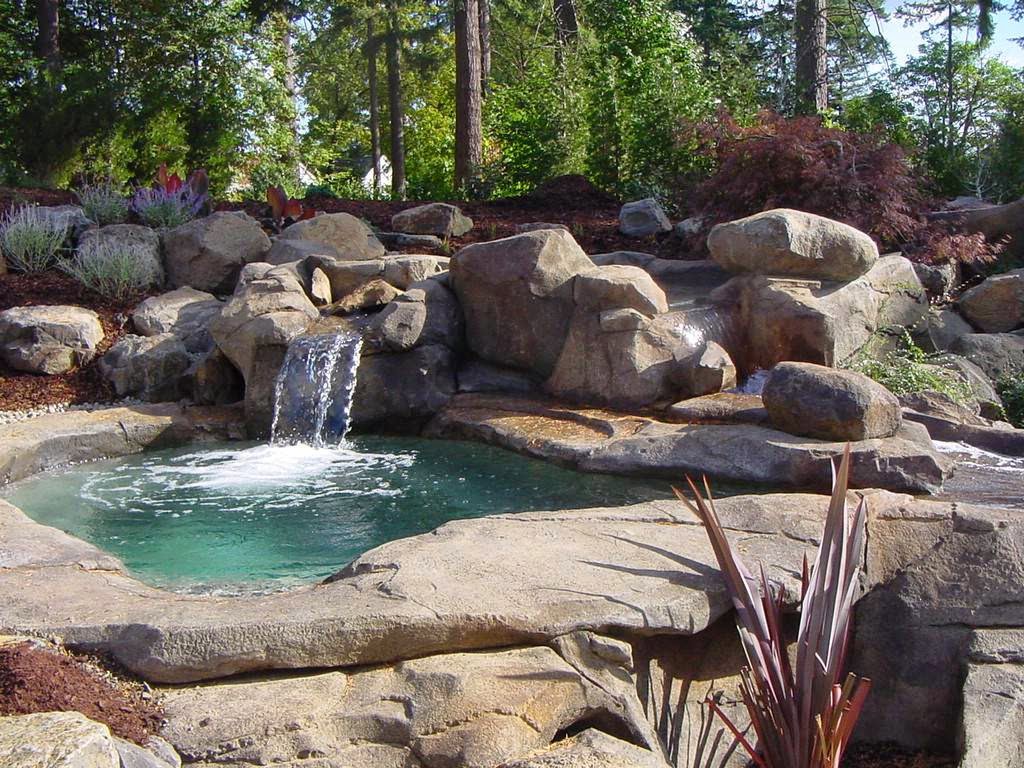 A natural-looking pool with a rock waterfall and lush landscaping, created by Anderson Poolworks in Wilsonville, OR.
