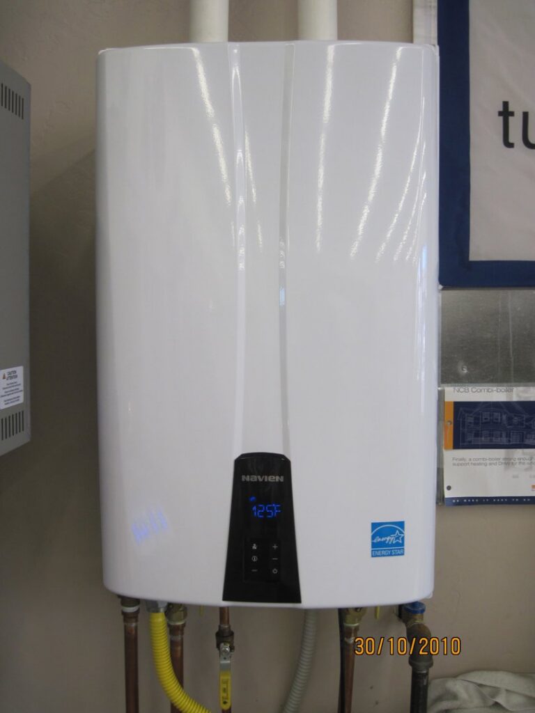 A close-up of a Navien tankless water heater, installed by Alpine Heating & Air Conditioning, Inc. in Idaho Falls, ID.