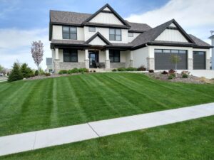 A neatly mowed front yard with clean stripes, demonstrating the quality lawn care services of Three Boys Lawncare in Rochester, MN.