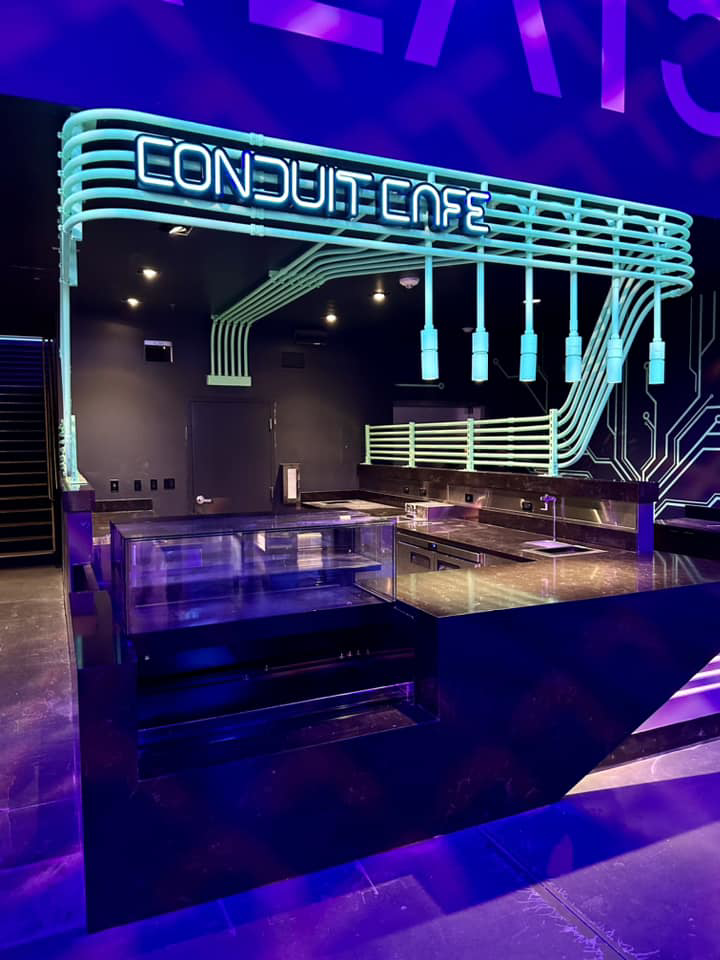 Neon sign and custom conduit bar lighting installation at Conduit Cafe by Foxtrot Electric in Las Vegas, NV