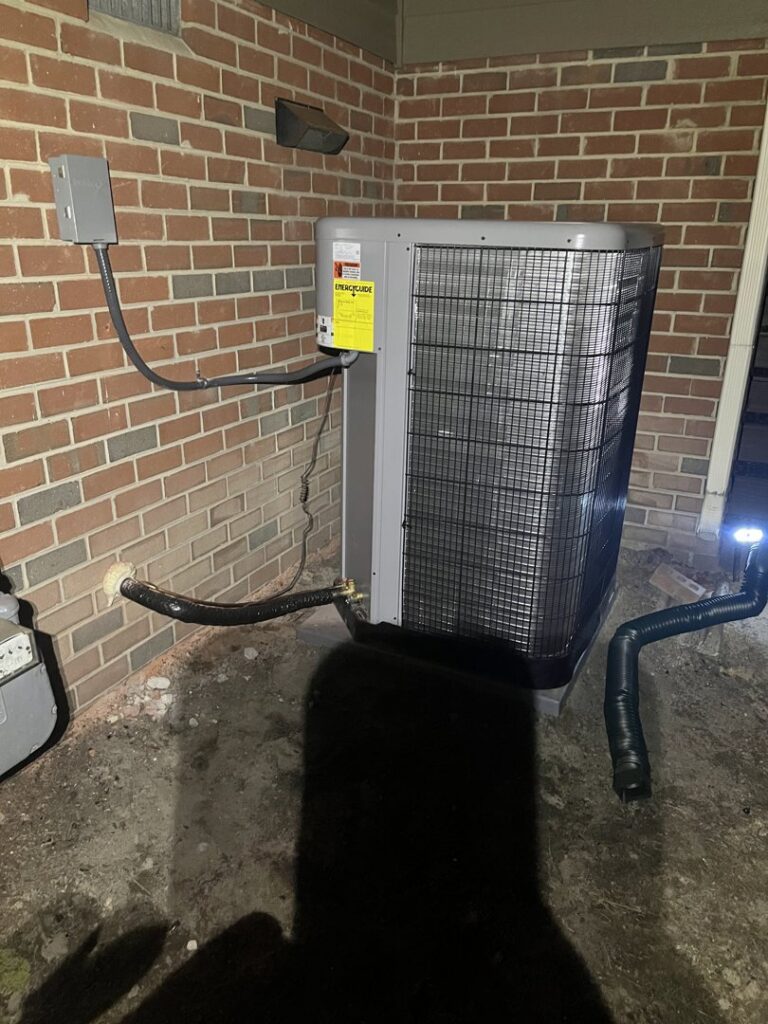 A newly installed outdoor air conditioning unit next to a brick wall by Climate Mechanical in Dinwiddie, VA.