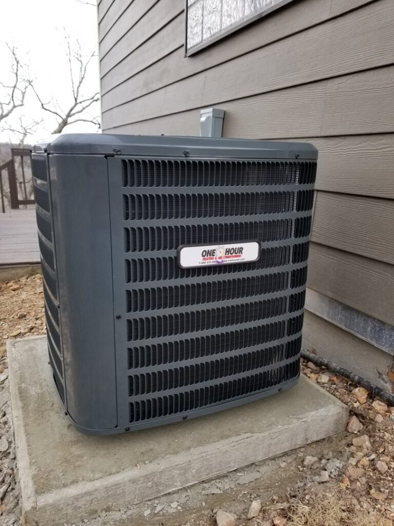 A newly installed outdoor AC unit by One Hour Heating & Air Conditioning of Springfield in Springfield, MO.