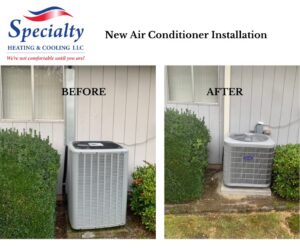 Before and after photos of a new air conditioner installation by Specialty Heating and Cooling in Portland, OR.