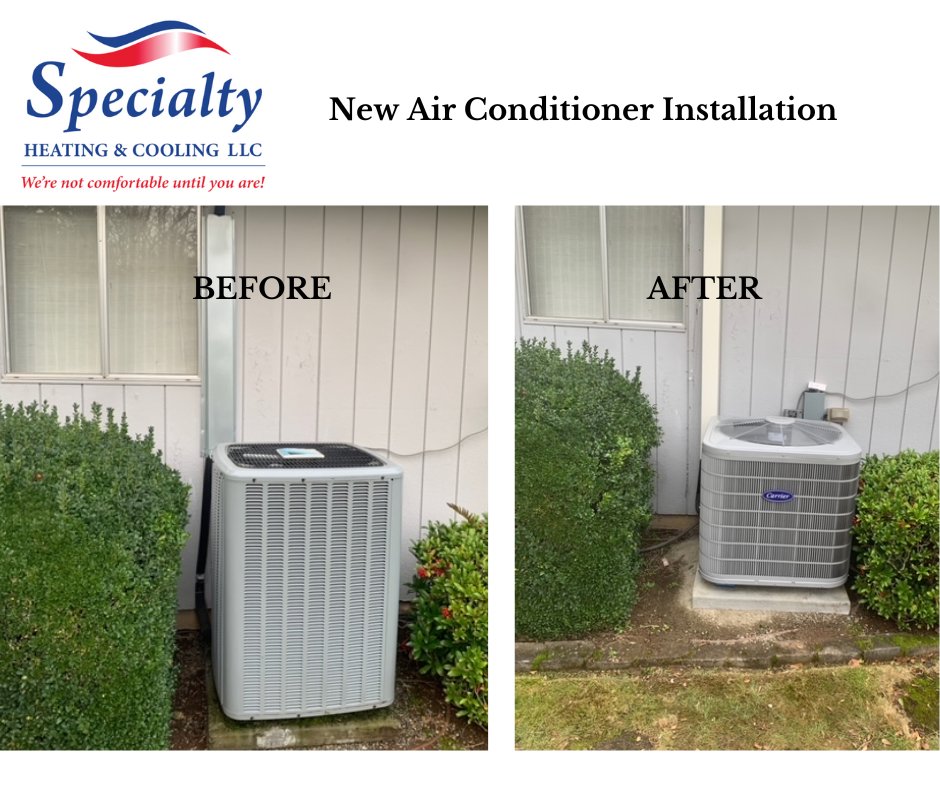 Before and after photos of a new air conditioner installation by Specialty Heating and Cooling in Portland, OR.