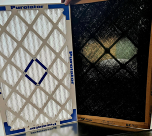 A comparison of a new, clean HVAC air filter next to a dirty, used one by Mike Watson Heating and Cooling in Wichita, KS.