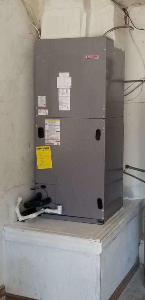 A newly installed Arcadia indoor HVAC air handler unit by Fernandez HVAC in Alexandria, VA.