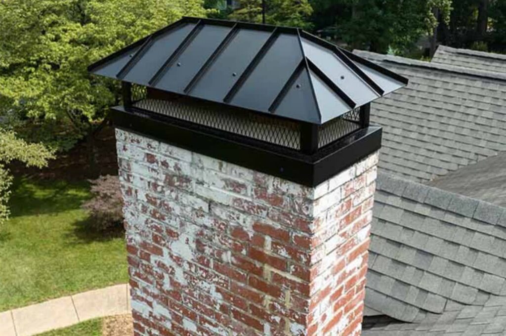 A newly installed black metal chimney cap on a brick chimney by Professional Fireplaces and Chimney Sweeps in Huntsville, AL.