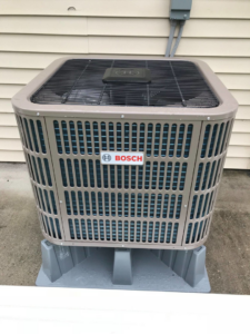 A newly installed Bosch outdoor air conditioning unit by Leidigh's Heating & Air Conditioning in Marysville, PA.