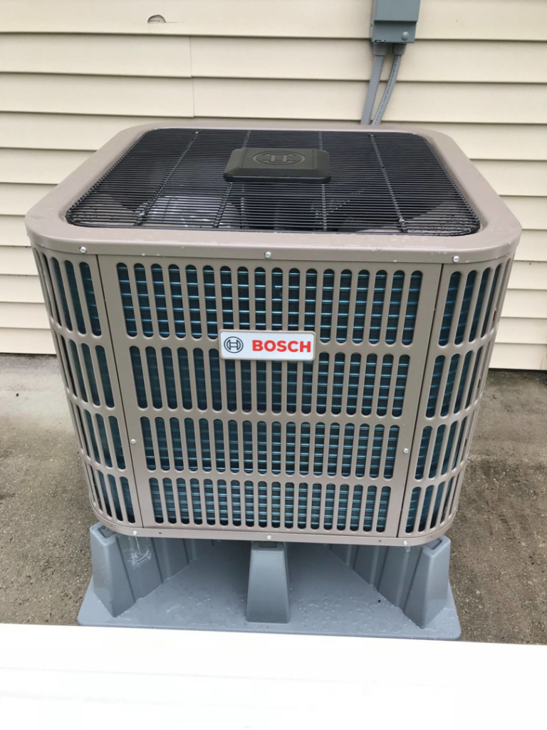 A newly installed Bosch outdoor air conditioning unit by Leidigh's Heating & Air Conditioning in Marysville, PA.