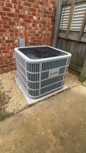 A newly installed Bosch outdoor AC unit by Miller's Home Comfort-Chesapeake in Chesapeake, VA.