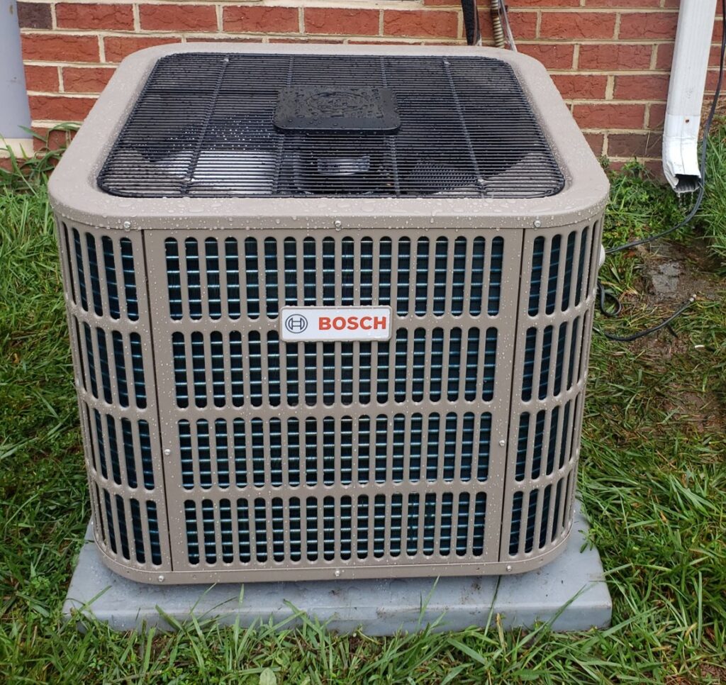 A newly installed Bosch outdoor HVAC unit by Booker Heating & Air in Richmond, VA.