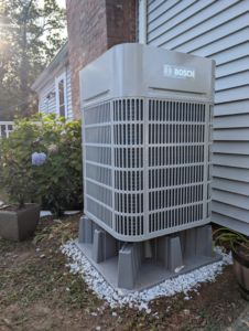A newly installed Bosch outdoor HVAC unit by Frontier 44 Corp. in Melrose, MA.