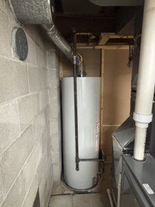 A newly installed Bradford White water heater by Home Run Mechanical, serving Ann Arbor, MI.