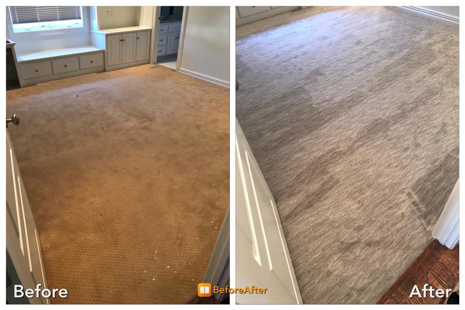 A bedroom showing before and after a new carpet installation by Carpenter Flooring & More in Springdale, AR