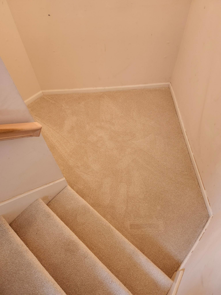 Newly installed light-colored carpet on a stair landing by Zubeck Flooring, a carpet contractor in Blue Springs, MO