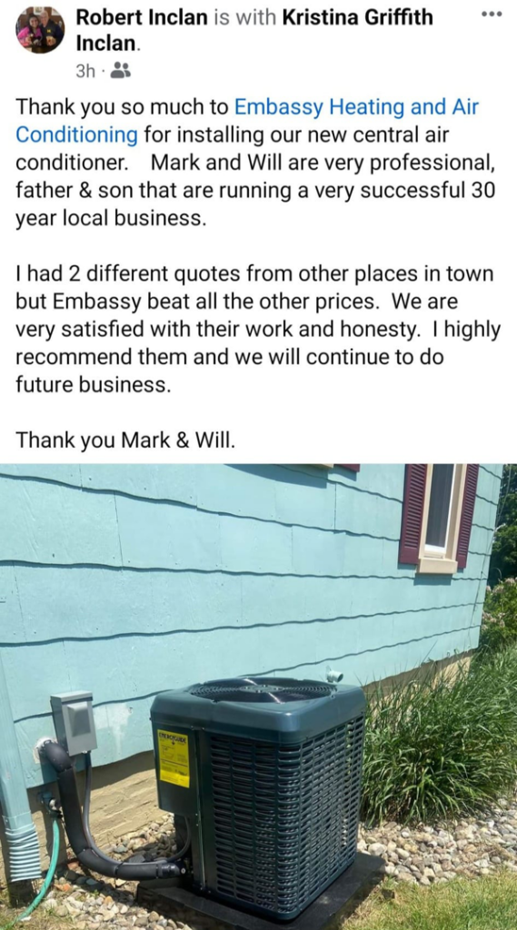 A newly installed central air conditioner unit outside a home by Embassy Heating and Air Conditioning in Toledo, OH