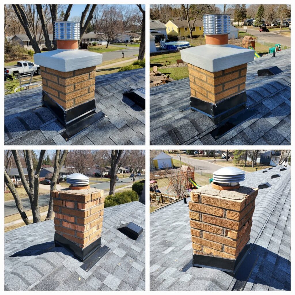 New chimney caps and flashing installed on a brick chimney by JJ Chimney Services in Minneapolis, MN.