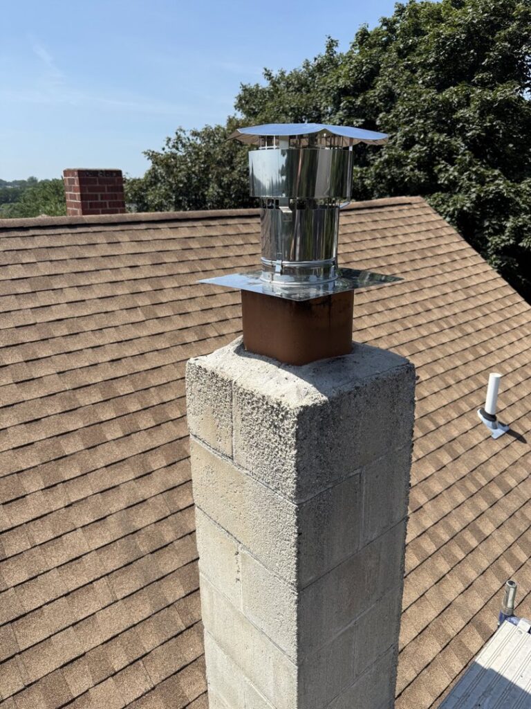 Installation of a new metal chimney flue and cap on a concrete chimney by Certified Masons in Warwick, RI