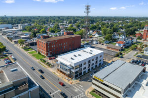 Aerial view of a new commercial HVAC installation on a building by Brad Emberton's HVAC in Owensboro, KY.