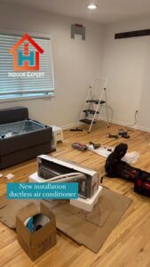 A new ductless air conditioner being installed in a room, demonstrating the installation services of Indoor Expert Heating & Cooling in Paterson, NJ.