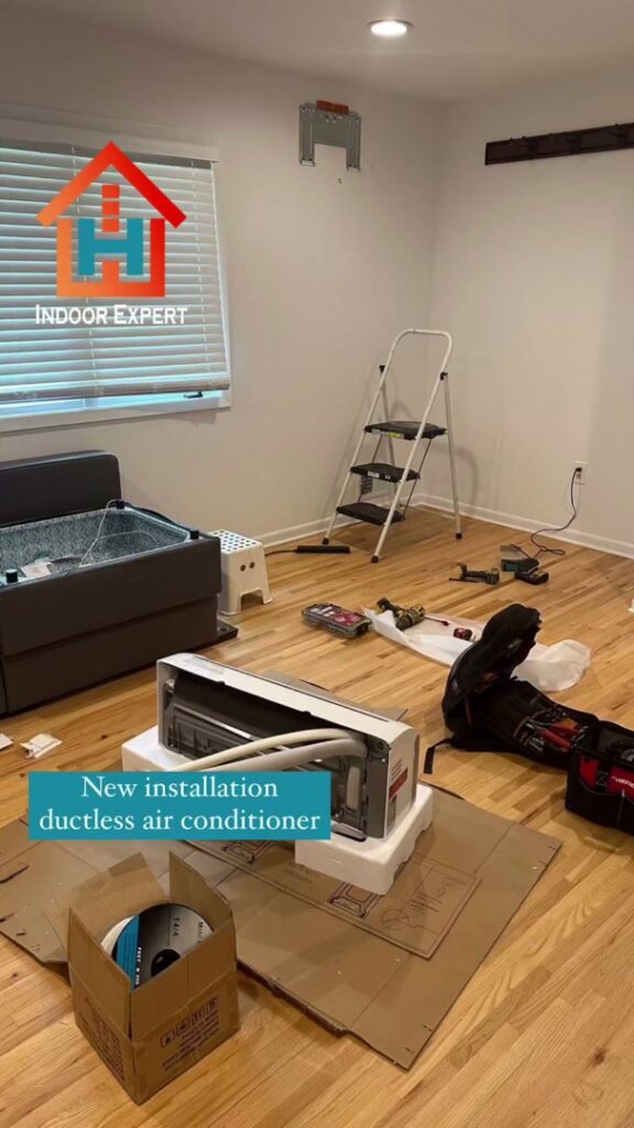 A new ductless air conditioner being installed in a room, demonstrating the installation services of Indoor Expert Heating & Cooling in Paterson, NJ.
