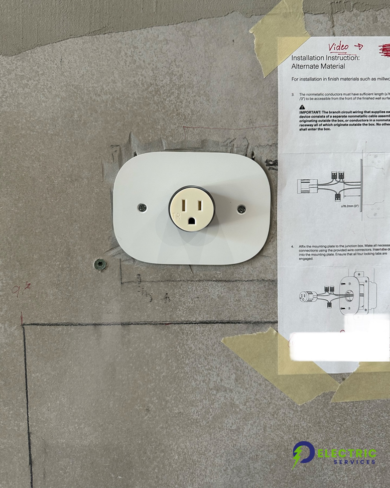 A newly installed electrical outlet on a wall, demonstrating work by O Electric Services in Dallas, TX.