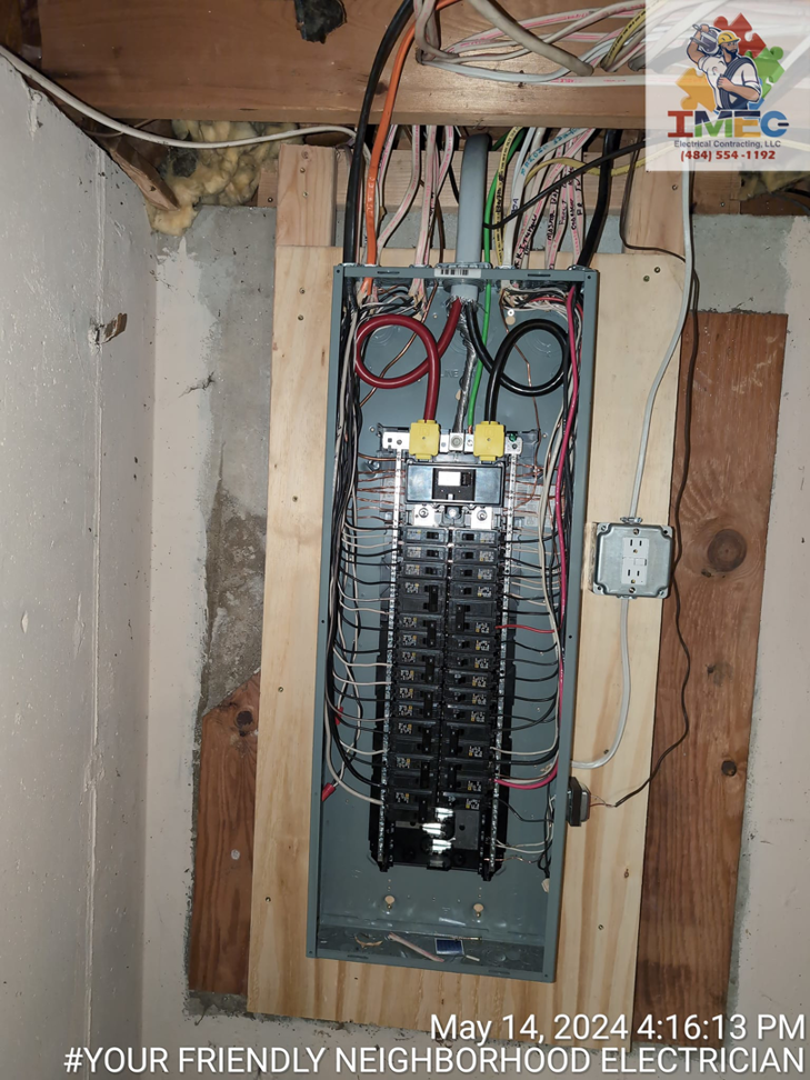 A newly installed open electrical panel with wiring and circuit breakers by Imecpower in Bethlehem, PA.