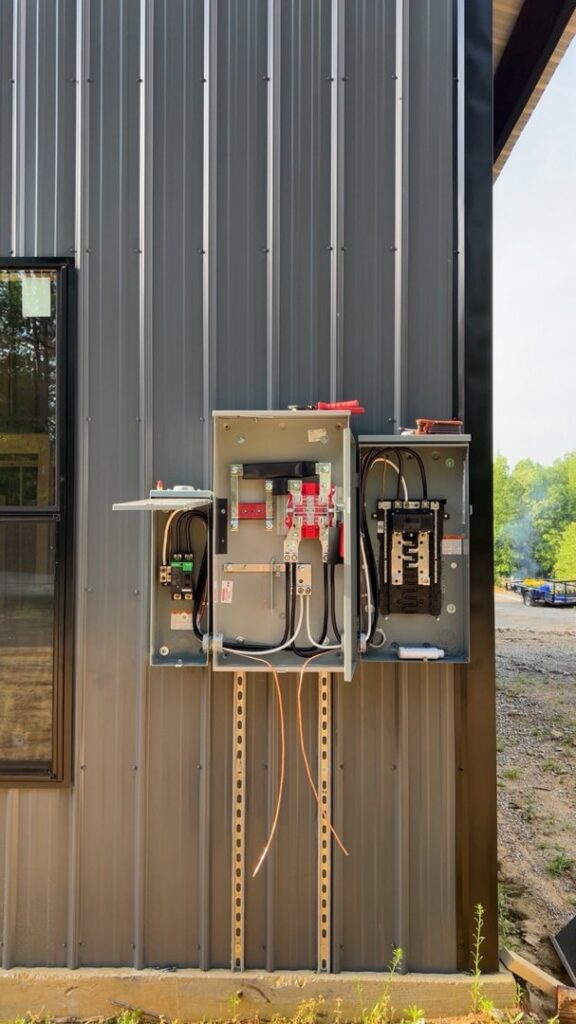 New electrical panel installation with wiring on the side of a commercial building by Spencer Electric in Hopkins, MN.