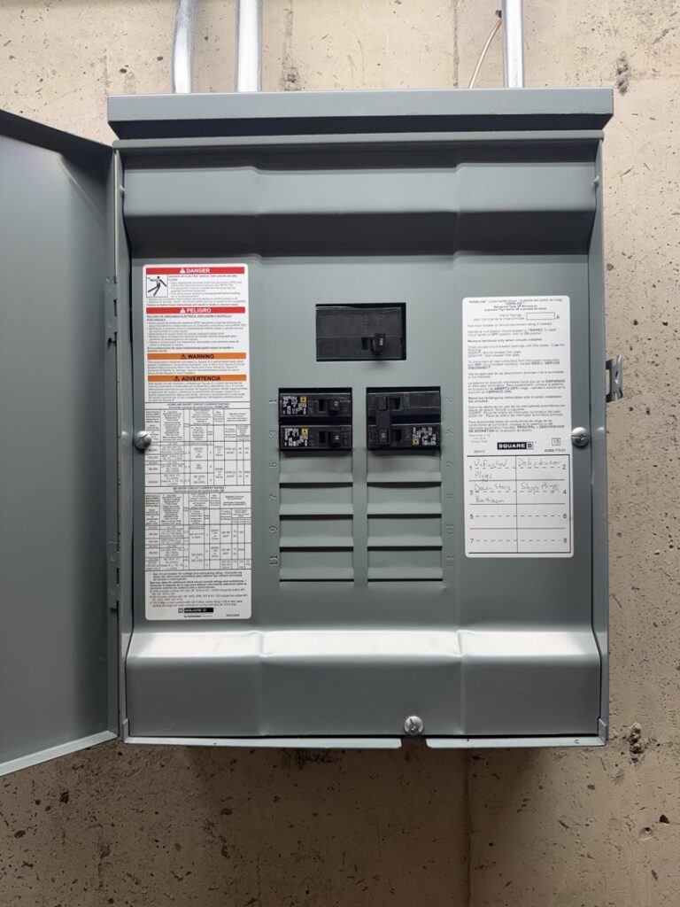 A newly installed electrical panel on a concrete wall by Swartz Electric in Colorado Springs, CO.