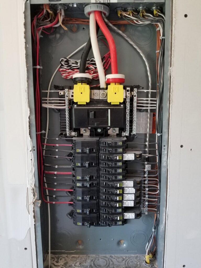 A newly installed and neatly wired electrical panel with circuit breakers by York Electrical Services in York, PA.
