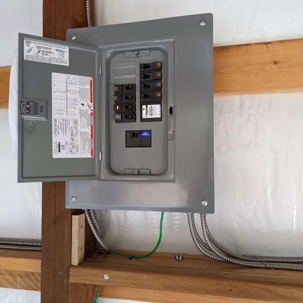 A newly installed electrical subpanel in a framed structure by Elving Electric in Marysville, WA