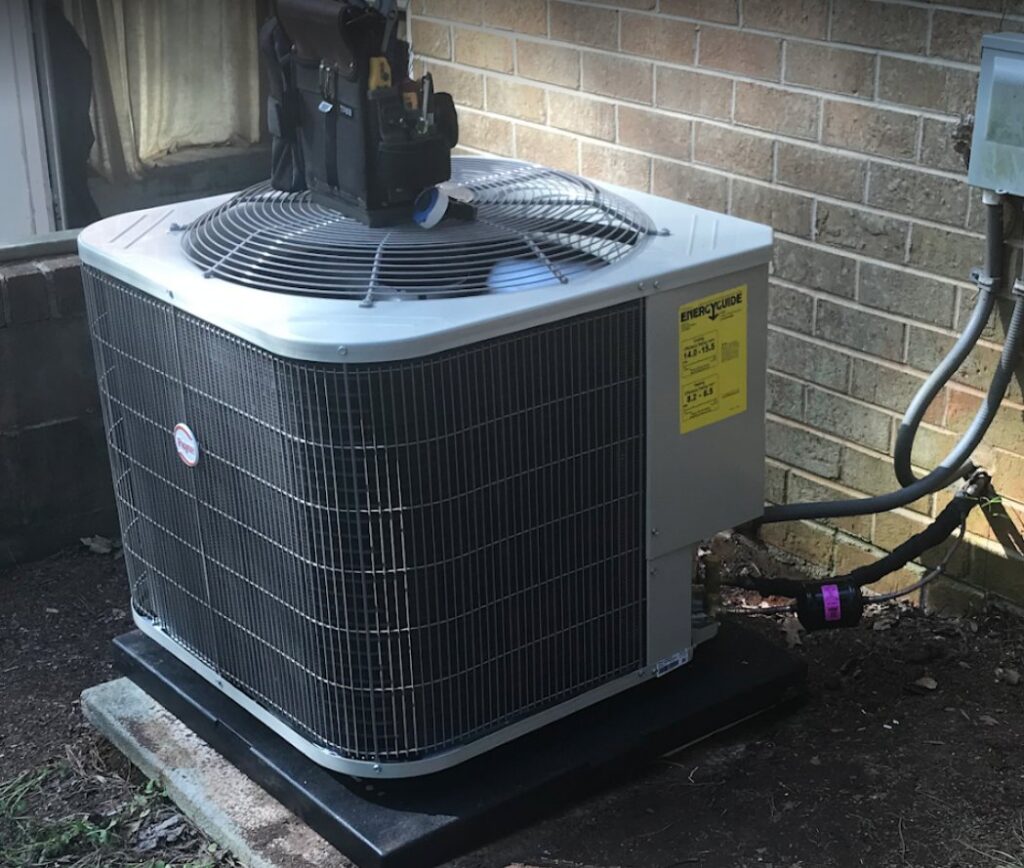 A newly installed energy-efficient outdoor air conditioning unit by Climate Mechanical in Dinwiddie, VA.