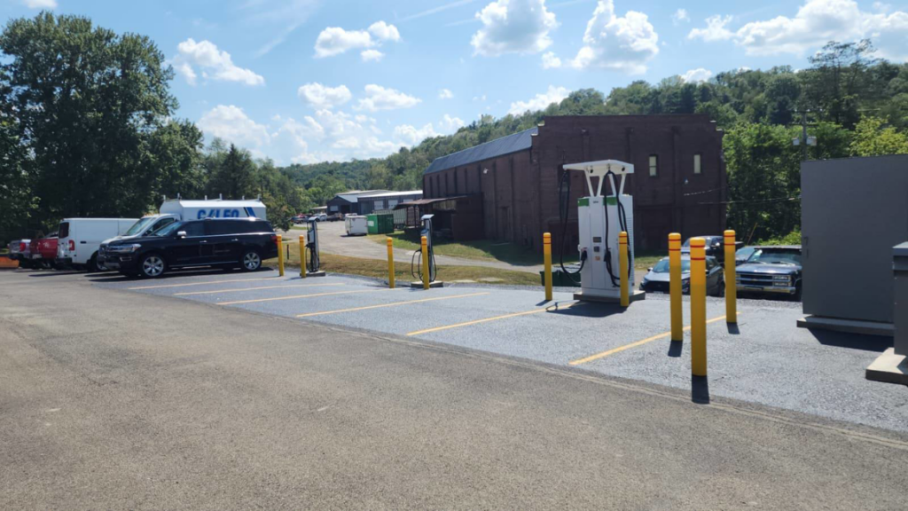 A newly installed EV charging facility with multiple stations and electrical infrastructure by Pittsburgh Electric & Maintenance in Pittsburgh, PA