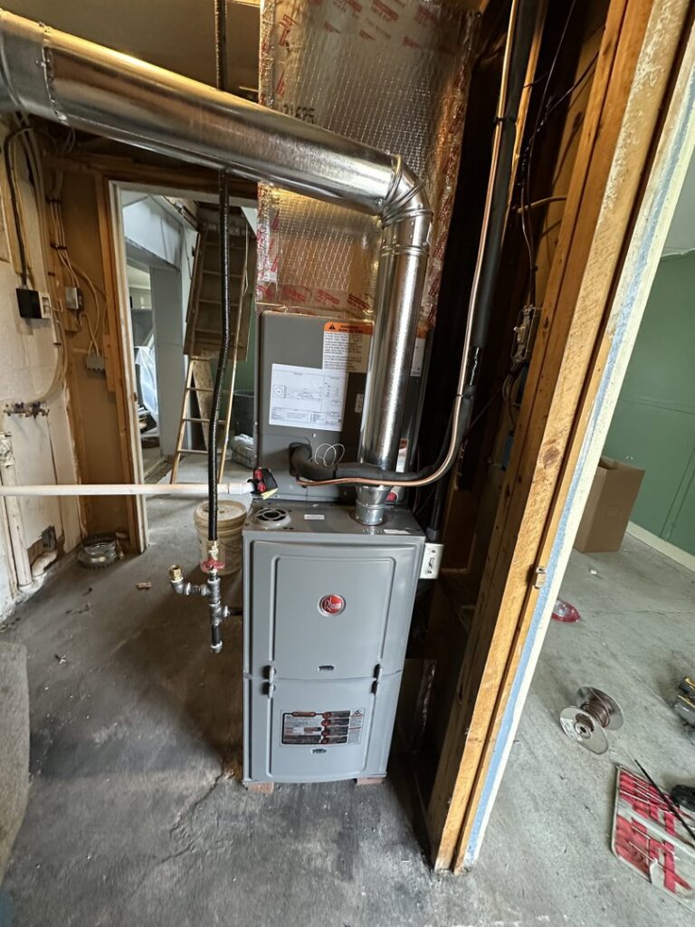 A new furnace and ductwork installed during a home renovation by P3 Mechanical Heating & Cooling in Bainbridge, PA.