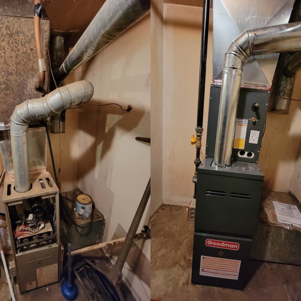A before and after comparison showing a new Goodman furnace installation by Albert DelPizzo HVAC in Newark, DE.