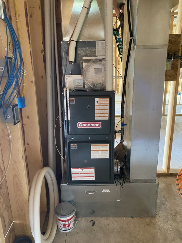 New furnace and ductwork installation in a residential construction project by True Comfort Heating and Cooling in Sherwood, AR.