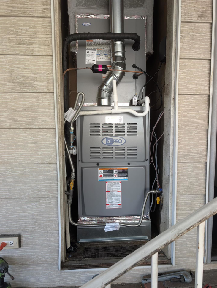 A newly installed AC PRO furnace unit by Rosales Aire Inc., providing HVAC services in Anaheim, CA.