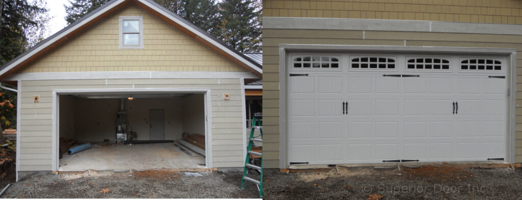 Before and after comparison of a new garage door installation by Superior Garage Door in Saint Paul, MN, showing a white panel door.
