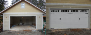 Before and after comparison of a new garage door installation by Superior Garage Door in Saint Paul, MN, showing a white panel door.