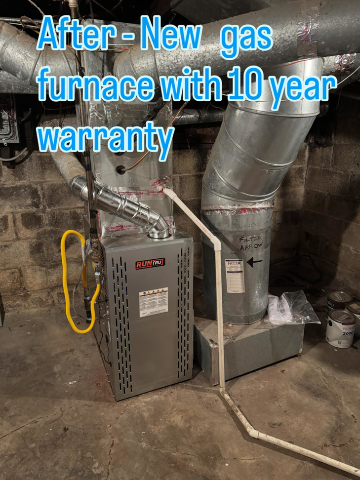 A newly installed gas furnace with ductwork in a basement by Inspired Heating & Cooling, Electric, Roofing, Repair LLC in Columbus, OH.
