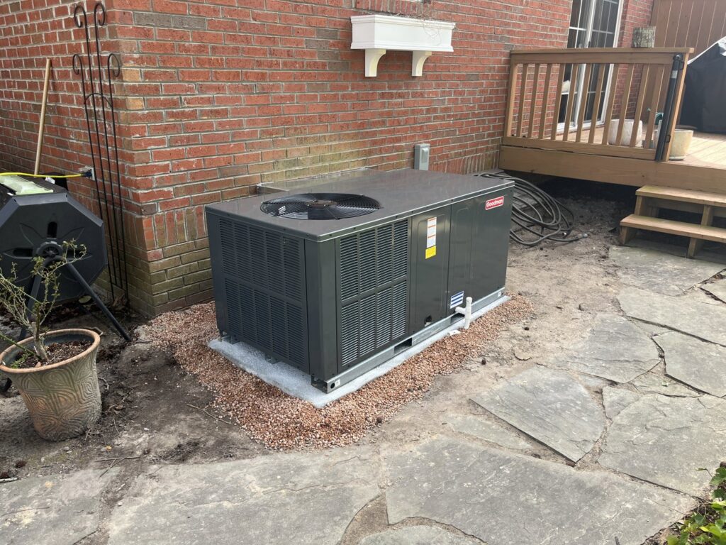 A newly installed Goodman outdoor HVAC unit by Brand Air Heating and Cooling LLC in Wilmington, NC.