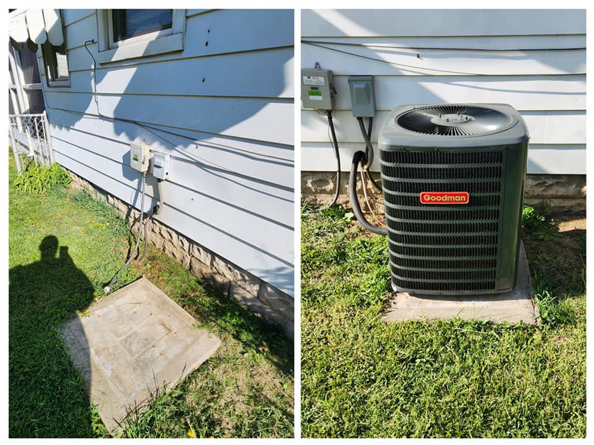 Before and after photos showing the installation of a new Goodman outdoor AC unit by HOP 2 IT LLC in Austin, TX.