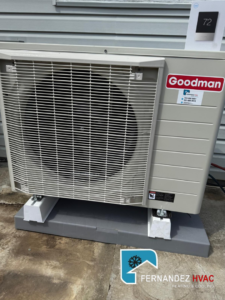 A newly installed Goodman outdoor HVAC unit by Fernandez HVAC in Alexandria, VA.