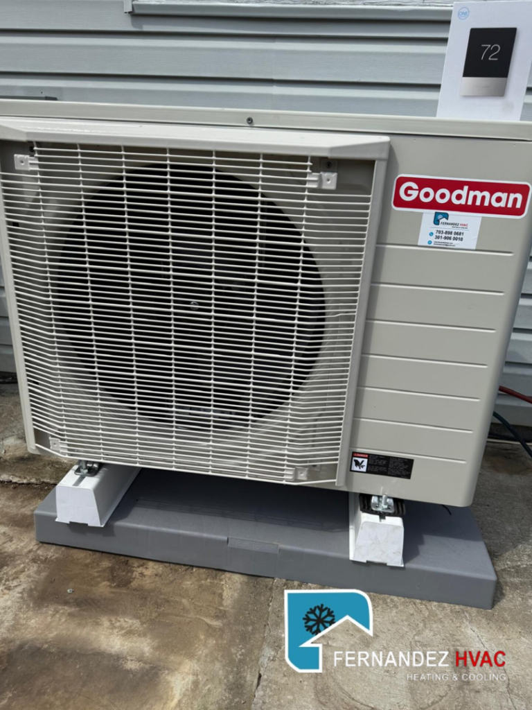 A newly installed Goodman outdoor HVAC unit by Fernandez HVAC in Alexandria, VA.
