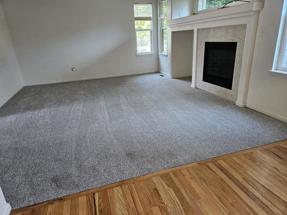 A newly installed grey carpet in a living room, transitioning to hardwood, by N-B-R Floors in Fort Collins, CO