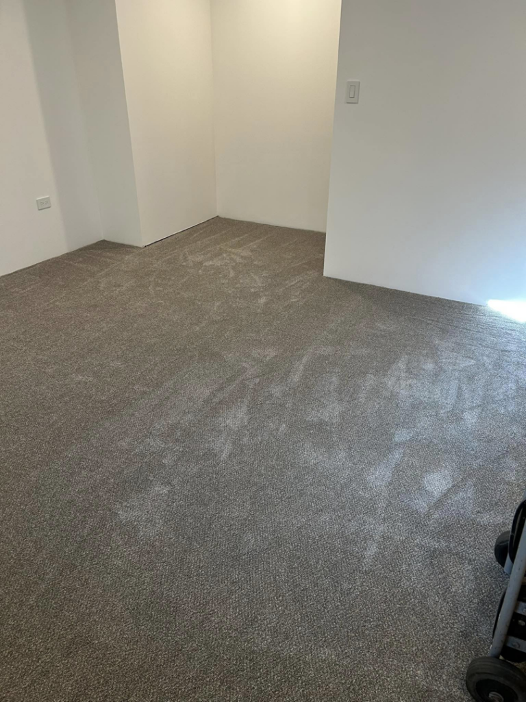 A room with newly installed grey carpet, showcasing quality work by Creative Carpet Solutions LLC in Houston, TX.