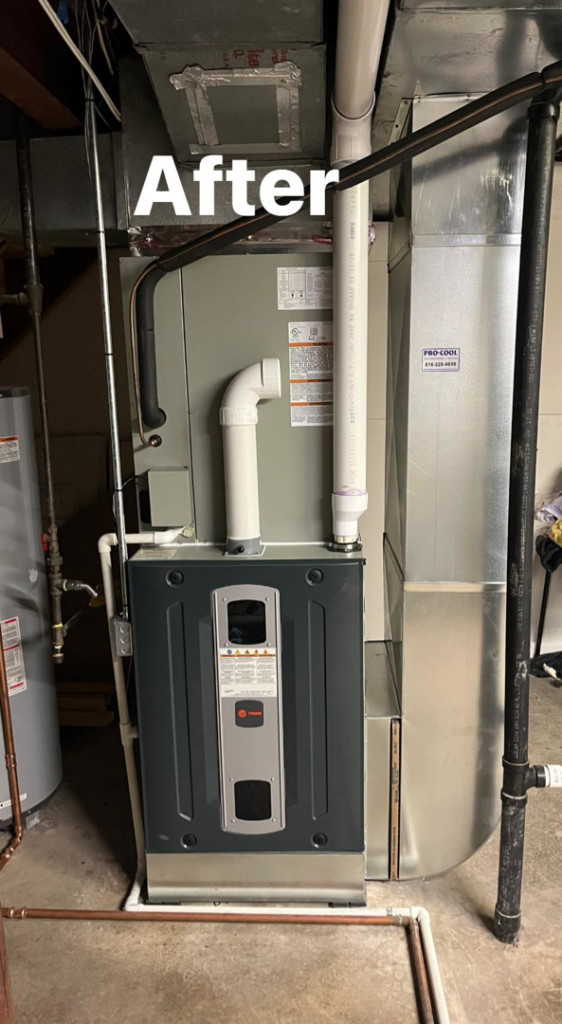 A newly installed HVAC furnace and air handler unit in a basement by Pro-Cool Air Conditioning & Heating in Blue Springs, MO.