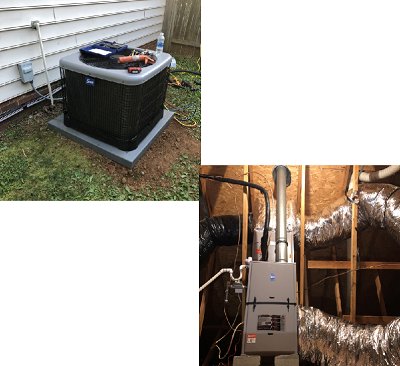 A newly installed outdoor AC unit and indoor furnace with ductwork, showcasing HVAC system installation by Workman Mechanical in Graham, NC.