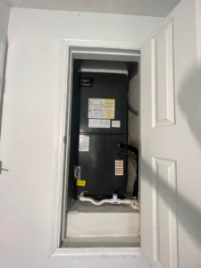 A newly installed indoor air handler unit in a closet by AC All Stars AC contractor in Fort Lauderdale, FL.