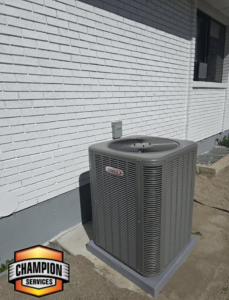 A newly installed Lennox outdoor HVAC unit by Champion Services in Las Vegas, NV, ready for operation.
